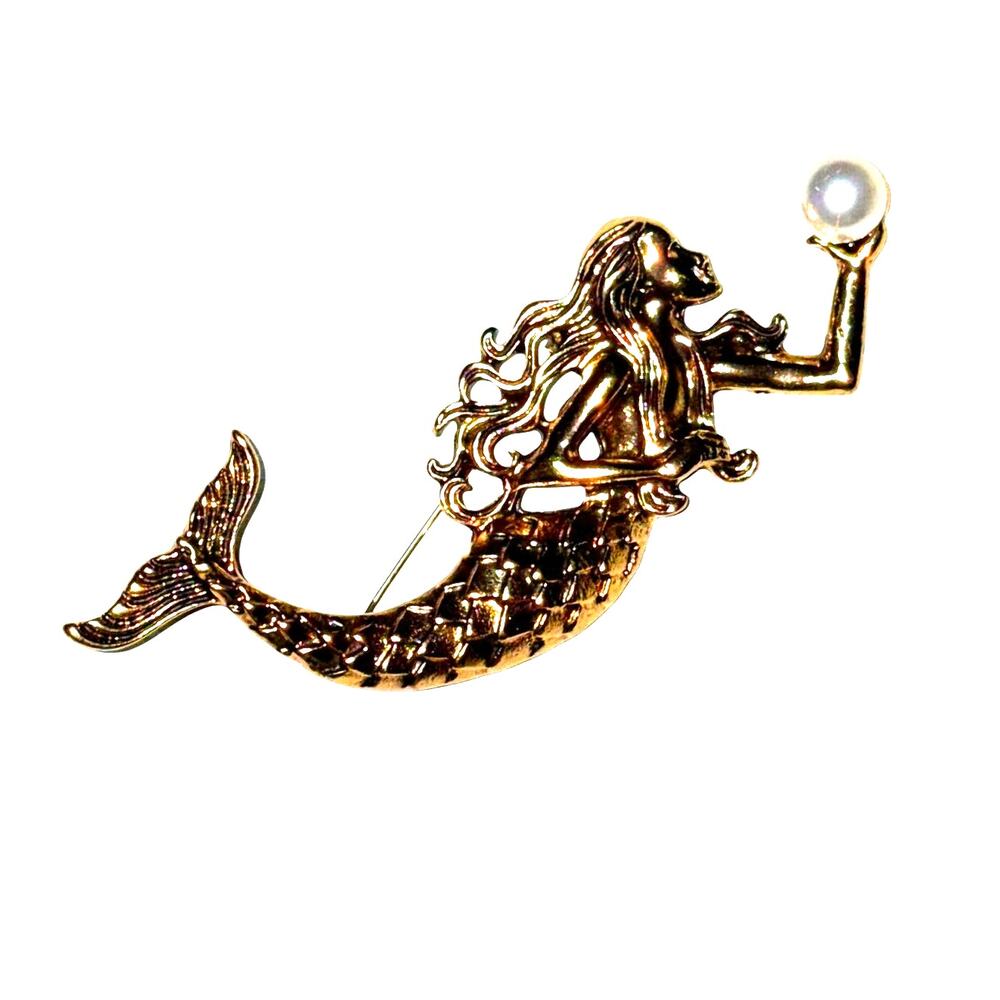 Vintage Style Gold Mermaid Brooch Pin with Faux Pearl Accent
